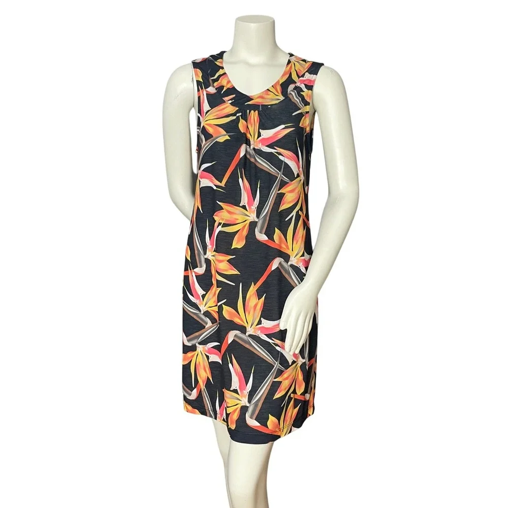 Hawaiian Dress Bird of Paradise A-Line Swing Sleeveless Gray Orange Tropical